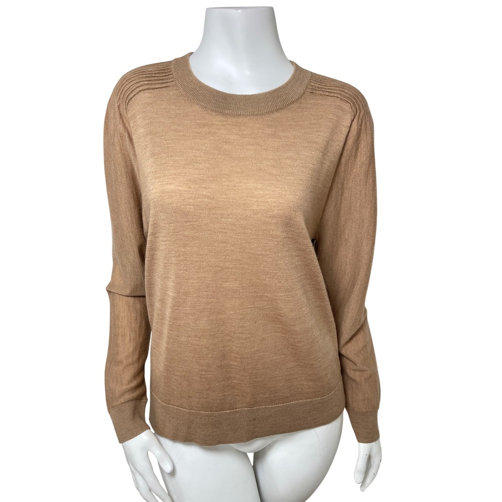 Talbots Camel Tan Pure Merino Wool Pleated Shoulder Crewneck Sweater Size S